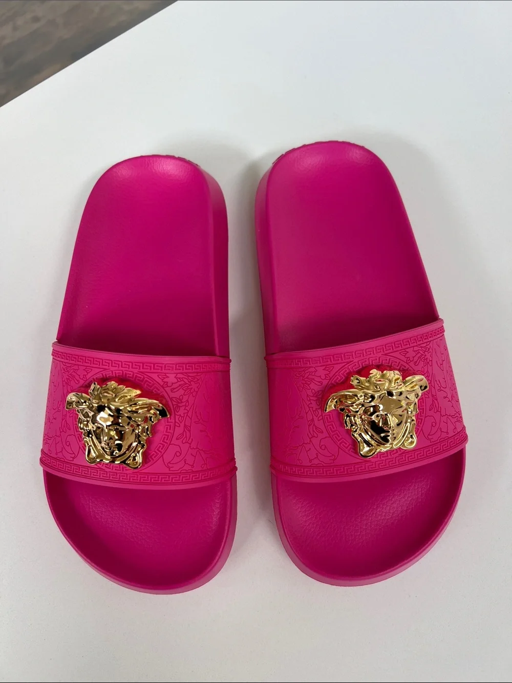 Versace pink la medusa rubber open toe slides sandals gold tone embossed baroque